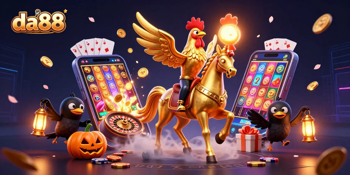 Experience thrilling gameplay at da88 with a vibrant illustration of a golden rooster and friends in a mystical casino.