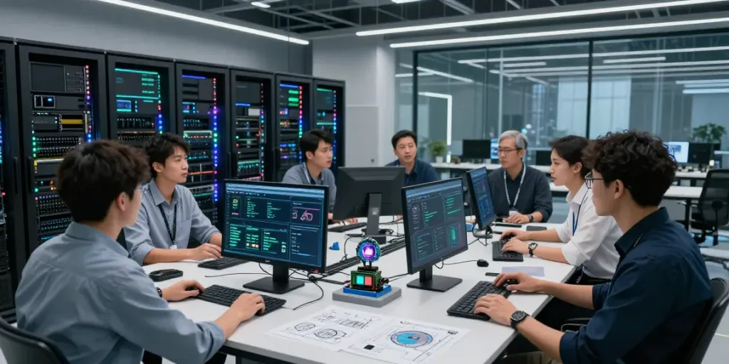 Engineers collaborating in a high-tech data center focusing on AI inference technology.