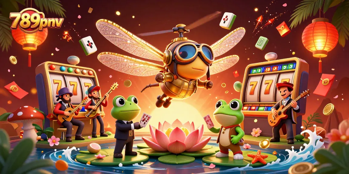Experience the excitement of 789pnv with vibrant casino action, featuring a dragonfly pilot and frog croupier.