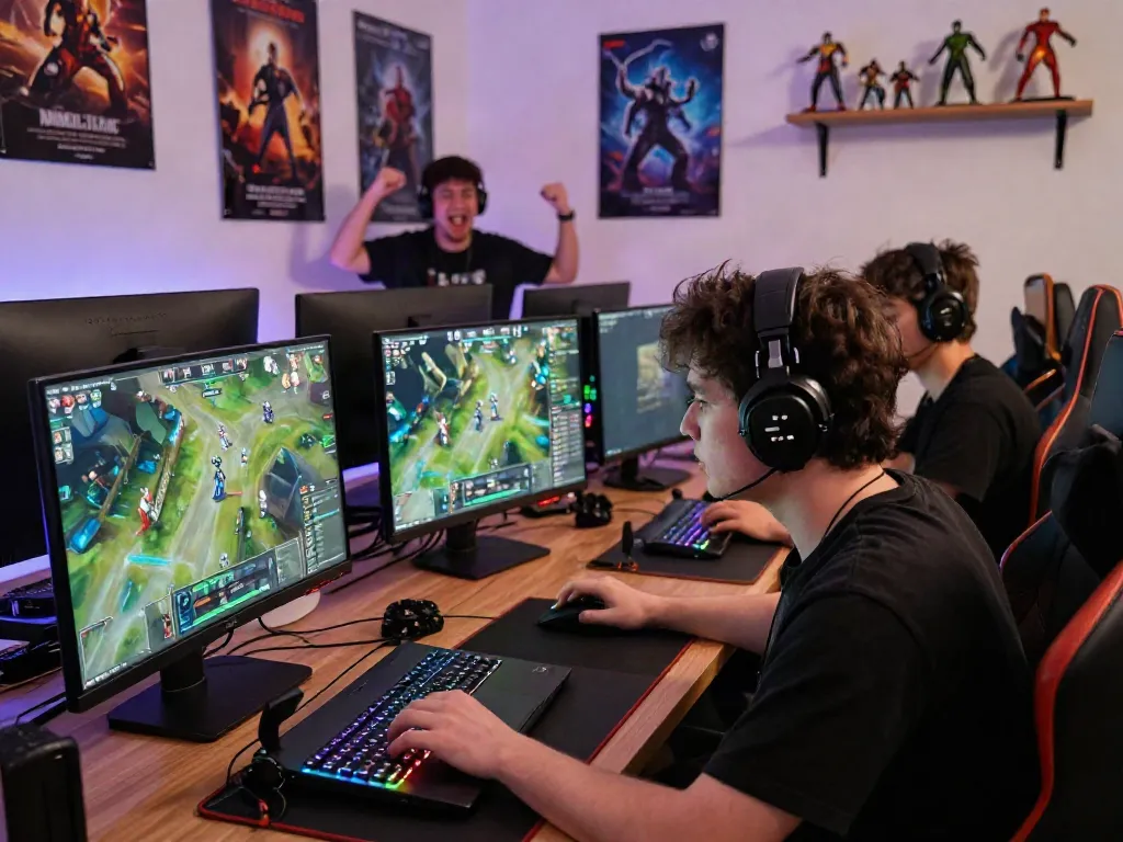 Pengalaman bermain game diana4d yang dinamis dengan pemain di turnamen, berbagai perlengkapan gaming dan suasana kompetitif.