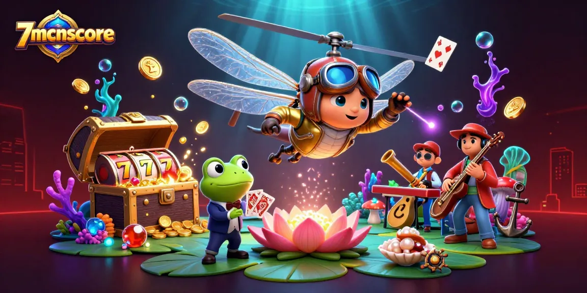 Experience excitement with 7mcnscore as the frog croupier deals in a vibrant casino scene.