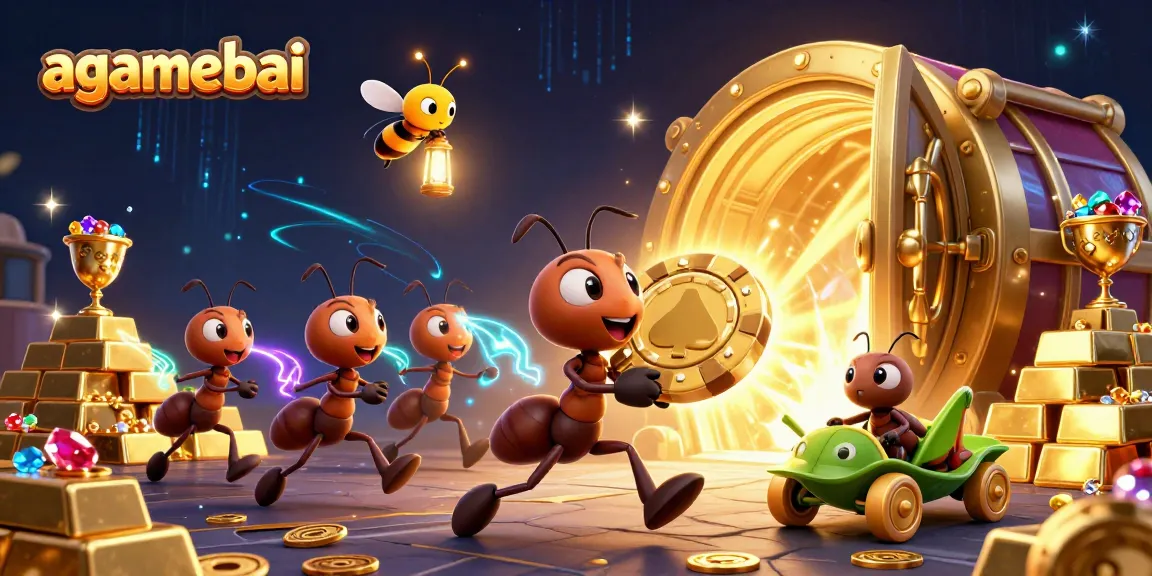 Engage with agamebai's thrilling heist scene featuring cartoon ants and vibrant casino elements.