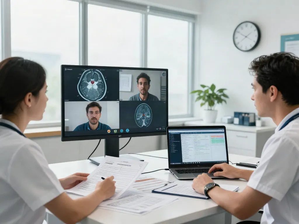 Healthcare professionals collaborating on Telestroke treatment in a modern telemedicine office.