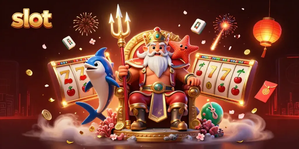 Mesin slot berputar dengan simbol buah dan jackpot dikelilingi Raja Laut dalam ilustrasi 3D yang menarik.
