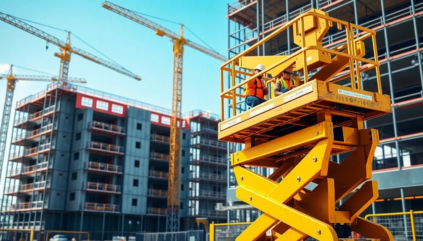 Scissor lift used by construction workers on site for high-altitude tasks.