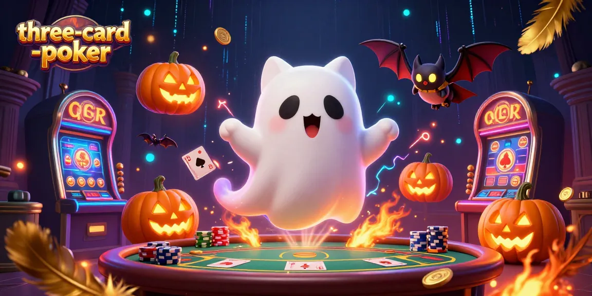 Play three-card-poker with a ghost cat and bat in a haunted casino setting full of poker elements.