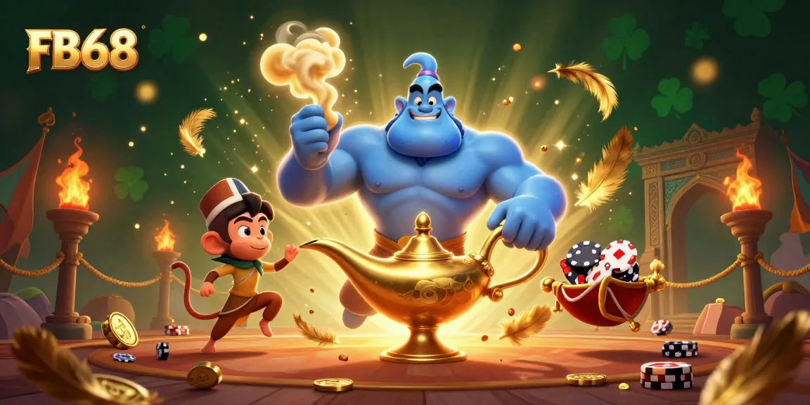 Engage with FB68's thrilling casino atmosphere featuring a magical genie, poker chips, and dynamic elements.