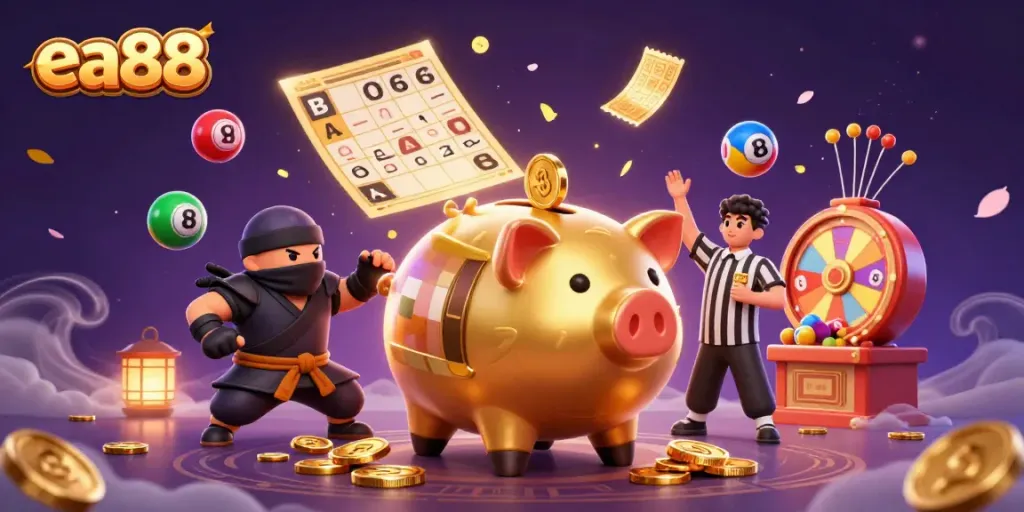 Hình ảnh hoạt động vui vẻ với ea88, đầy vàng, quả bóng xổ số và thật nhiều phần thưởng.