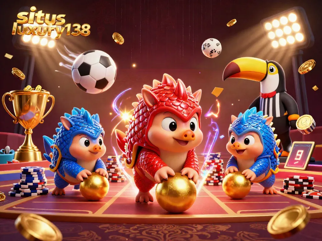 situs luxury138 menghadirkan ilustrasi kasino dengan pangolin bersaing meraih kemenangan di tengah tumpukan chip poker.