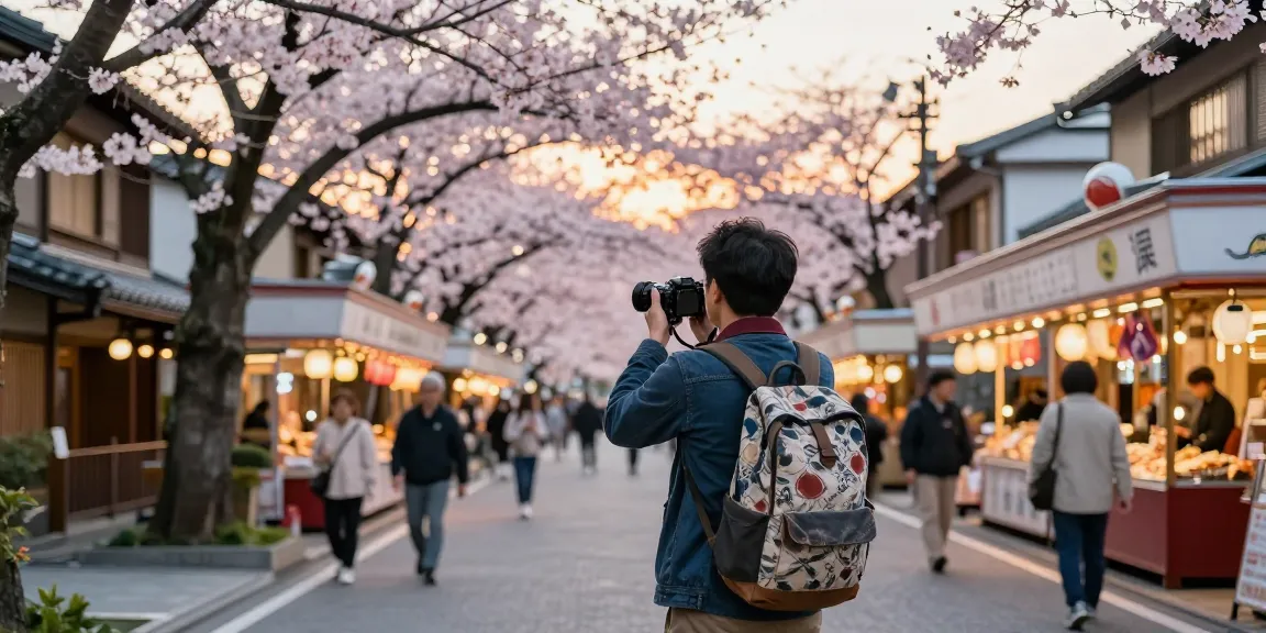 NAGA2000 traveler capturing memories in Tokyo's cherry blossom season, surrounded by sakura trees and vibrant markets.