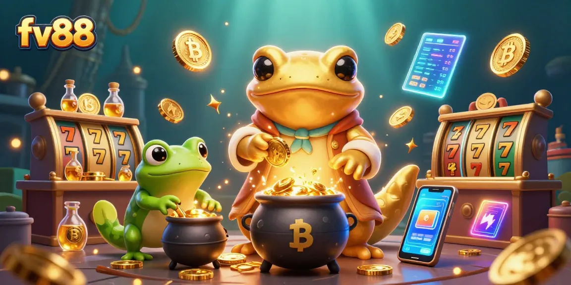 Experience the excitement of fv88 with a golden alchemist turning base metals into coins in a vibrant casino scene