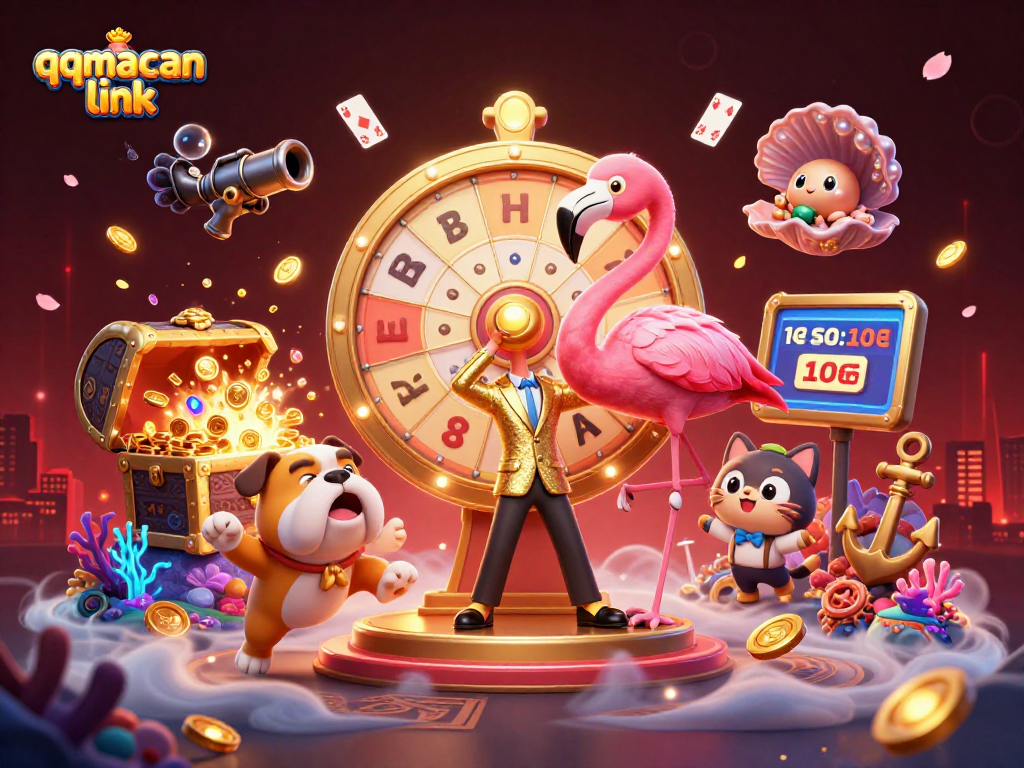 Engage with the vibrant qqmacan link game show featuring a flamingo host, bulldog contestant, and a scoreboard cat assistant.
