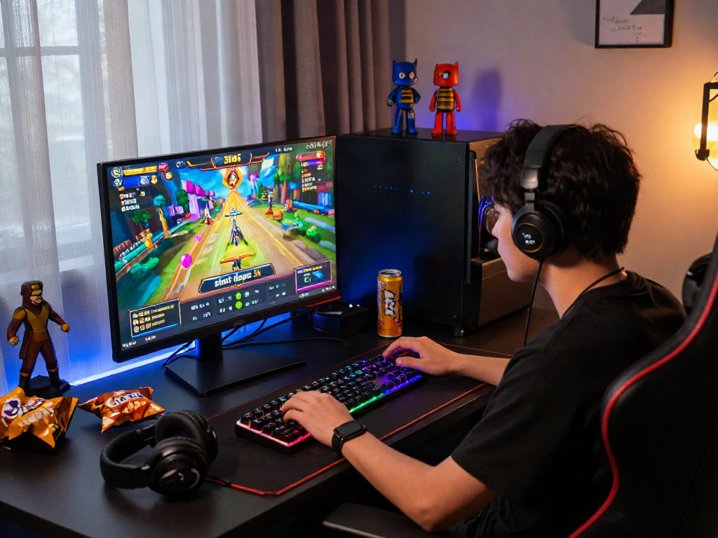 Exciting gaming setup featuring "slot depo 5k" on screen with intense player focused in dimly lit room.