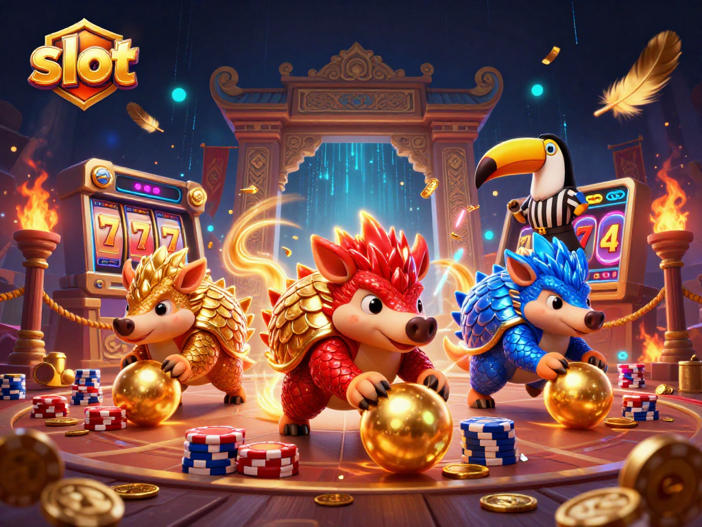 Experience thrilling slot action with rival pangolins amidst a lively casino setting.