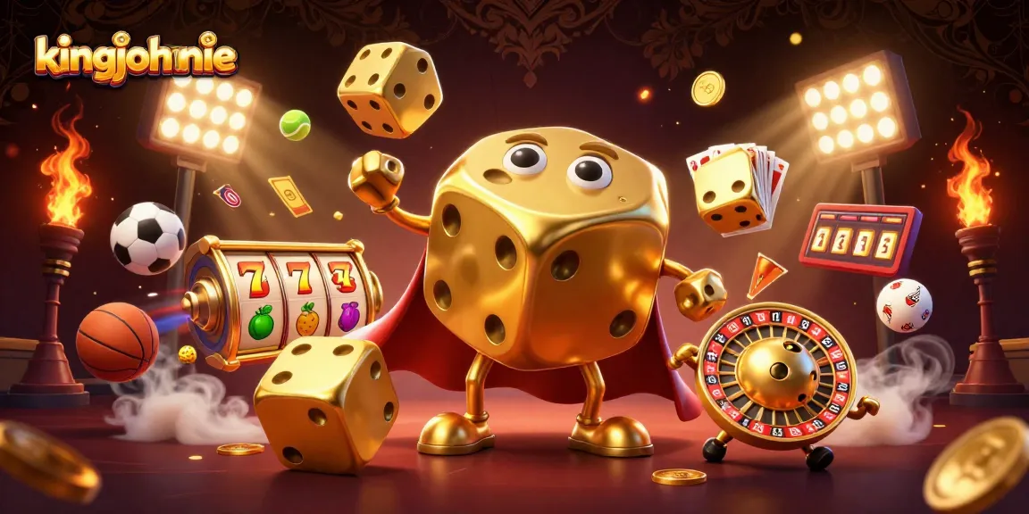 Engage with the kingjohnnie casino featuring a dynamic scene of golden dice and sports elements.