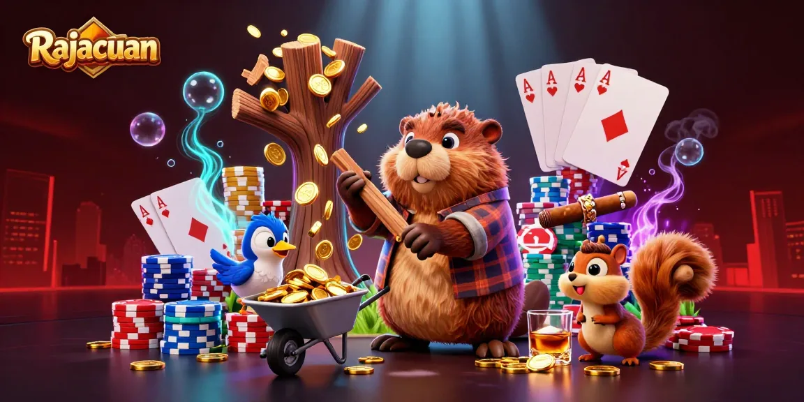 Rajacuan memperlihatkan beaver pemotong kayu yang mengumpulkan koin emas sambil bermain poker.