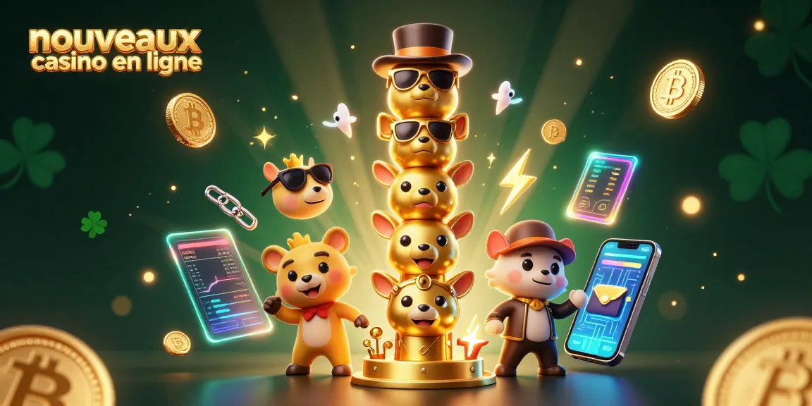 Découvrez les nouveautés des casinos en ligne avec cette illustration colorée et dynamique présentant un totem et des pièces de crypto-monnaies.