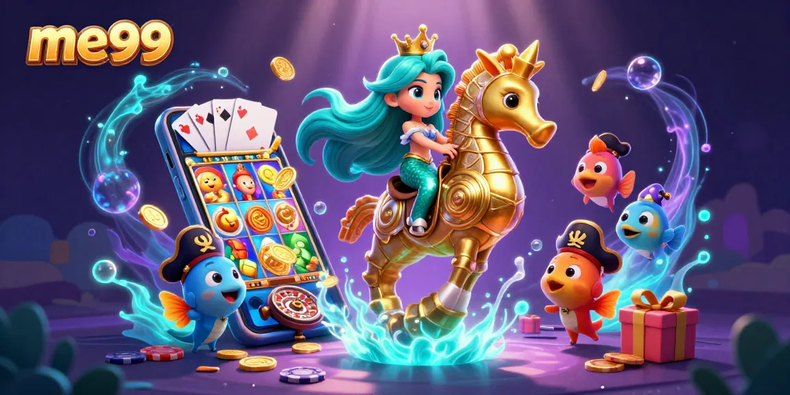 Experience the adventure at me99 with a vibrant underwater casino illustration featuring a mermaid and slot games.