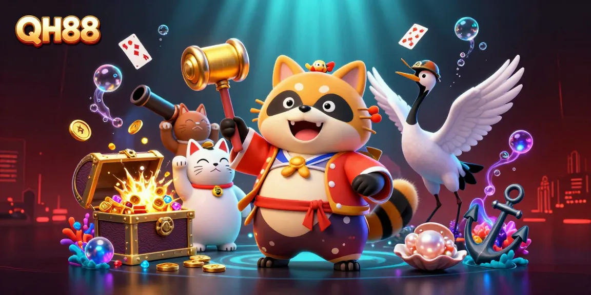Catch thrilling moments at QH88 with the lucky tanuki and fortune cats amidst underwater treasures!