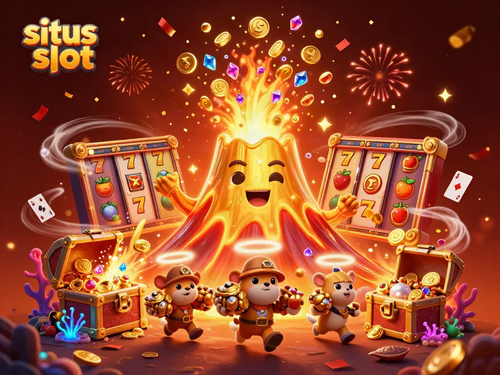 Spin the reels of situs slot with vibrant treasures erupting from a golden volcano.