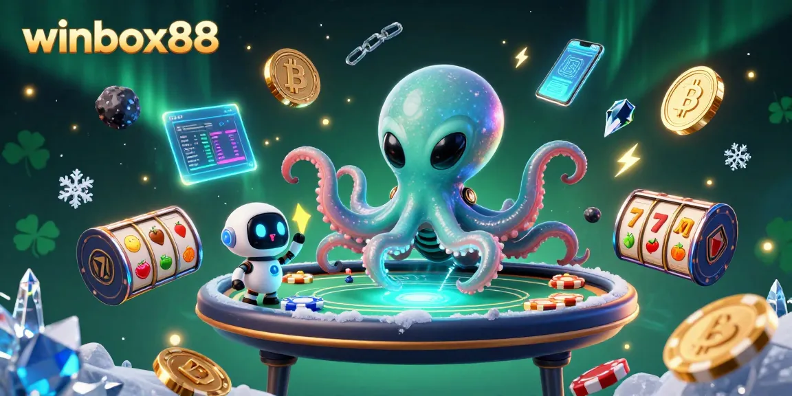 Engage in winbox88 with an alien octopus at a holographic poker table amid vibrant gaming elements.