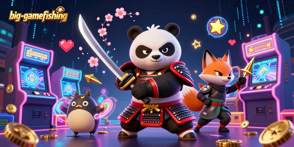 Join the big-gamefishing action with a dynamic scene of samurai panda, ninja fox, and spirit tanuki.