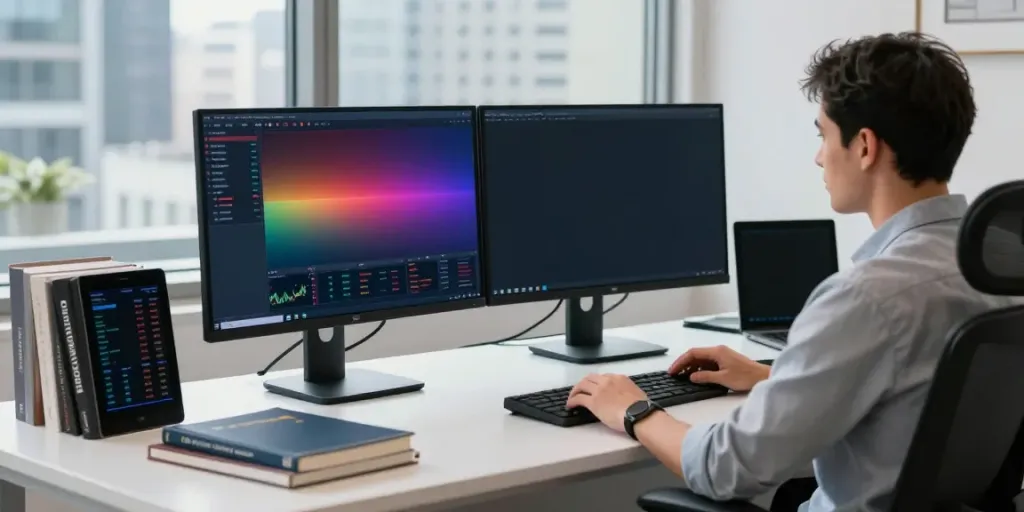 Trader using MetaTrader 5 on dual monitors in a modern workspace.