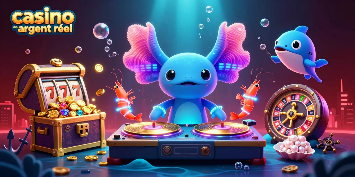 Des axolotls animés DJ et des crevettes dansent près d'un trésor, un casino en ligne argent réel en fond.