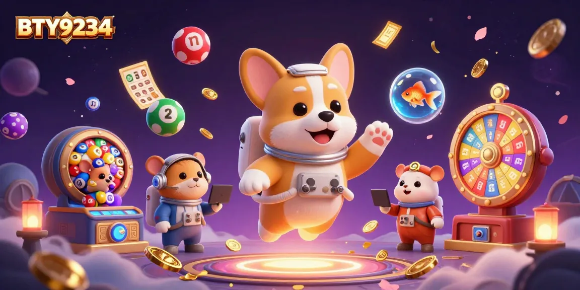 Experience BTY9234 in a dynamic cosmic casino scene with playful characters and lively gambling elements.