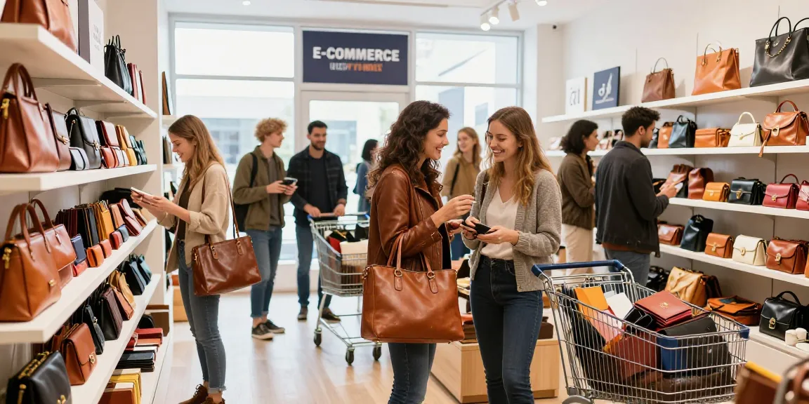 Diverse shoppers enjoy exploring stylish leather products in a vibrant retail store slot.
