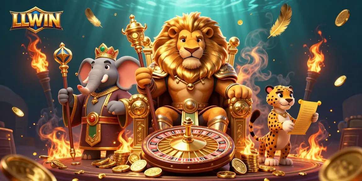 LLWIN showcases a vivid 3D scene with a lion king, elephant, and cheetah around a roulette wheel.