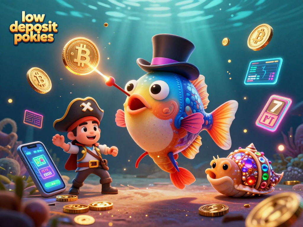 Play low deposit pokies with a cheerful anglerfish, pirate shrimp, and gem snail in a vibrant casino scene.