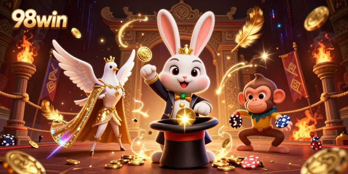 Experience thrilling wins at 98win with a dazzling magician, gleaming poker chips, and golden coins.