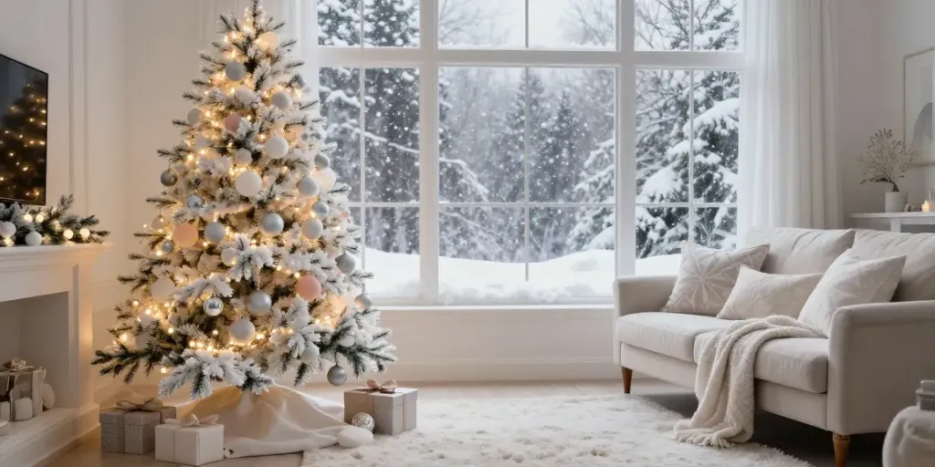 Elegant living room with a christmas tree with white decorations, cozy ambiance, and festive elements.