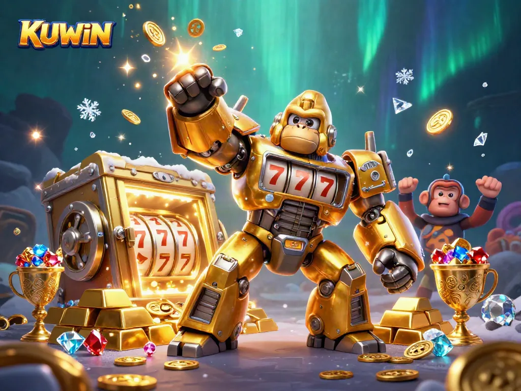 Experience the thrilling excitement of KUWIN with this dynamic, high-energy casino scene featuring a golden gorilla mech.