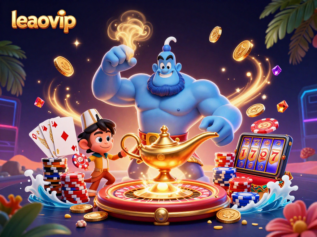 Experience the fun and excitement at leaovip with a genie, monkey, and vibrant casino elements!