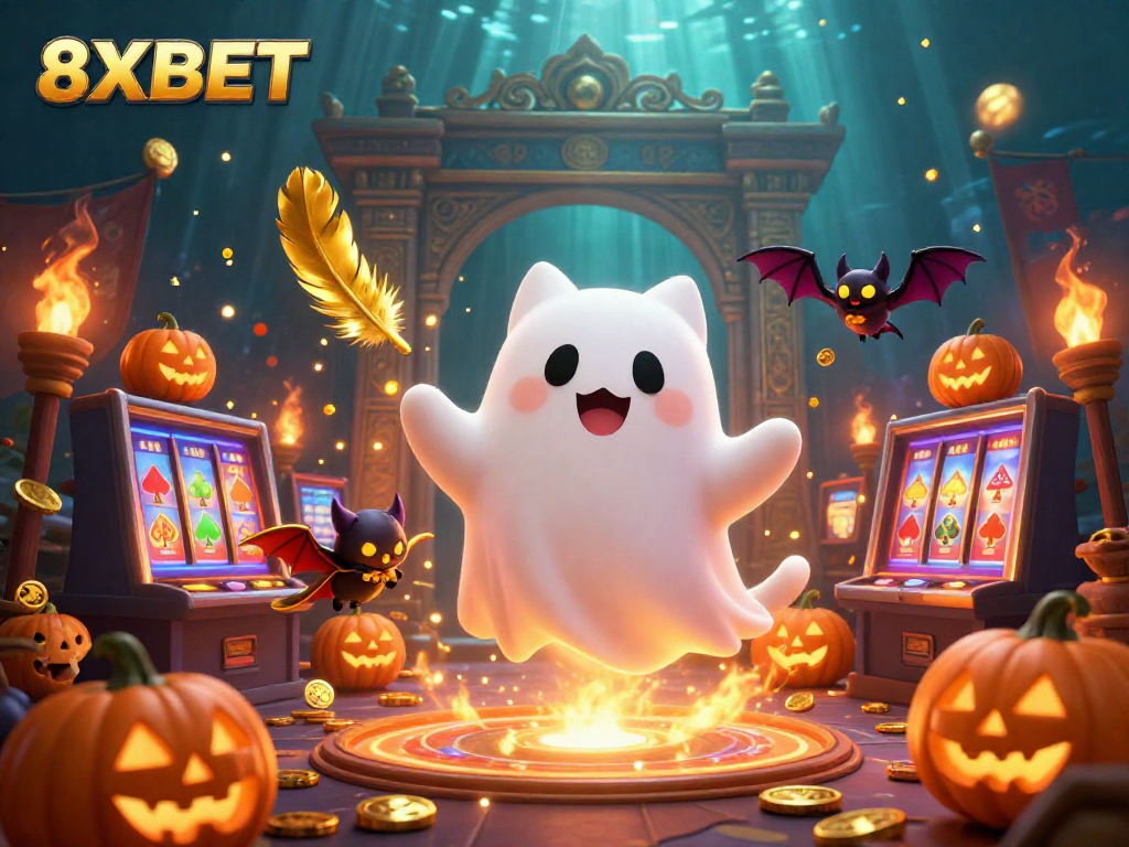 Experience thrilling adventures with 8XBET in a vibrant casino scene featuring a friendly ghost cat.