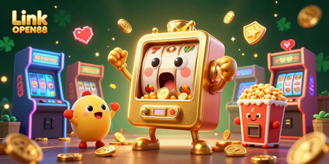 Link OPEN88 celebrates wins with vibrant slot machines and gaming elements in a lively casino scene.