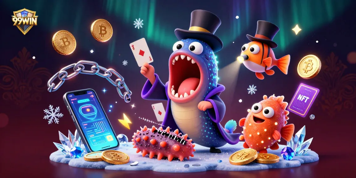 Experience thrilling 99WIN gameplay with a bioluminescent eel and anglerfish performing magic amidst cryptocurrencies.