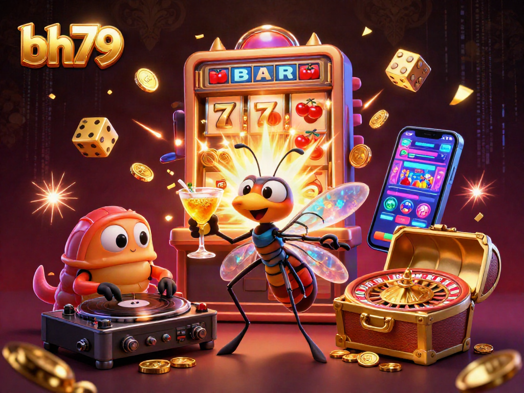 Experience thrilling gaming action with bh79, featuring a lively cartoon scene of casino characters and rich rewards.