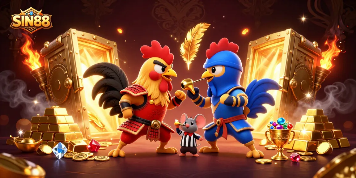 SIN88 showcases a dramatic standoff between fighting roosters in a vibrant casino context.