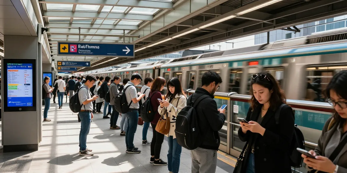 Live subway tracker data displayed at a bustling urban subway station with commuting passengers.