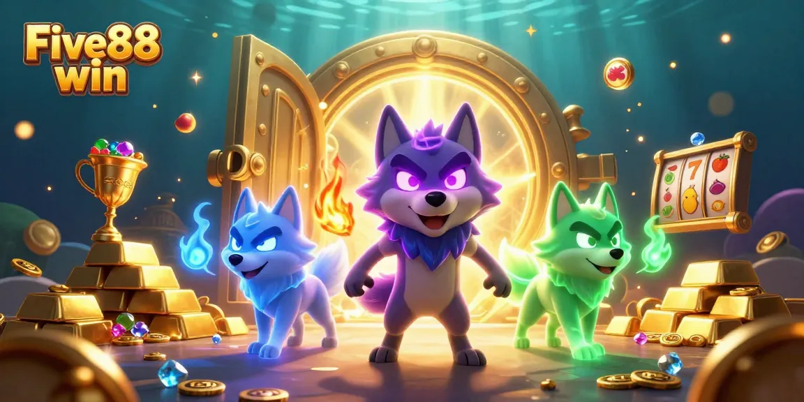 Experience the thrill of Five88 win with vibrant 3D illustrations of slot gaming action and captivating characters.