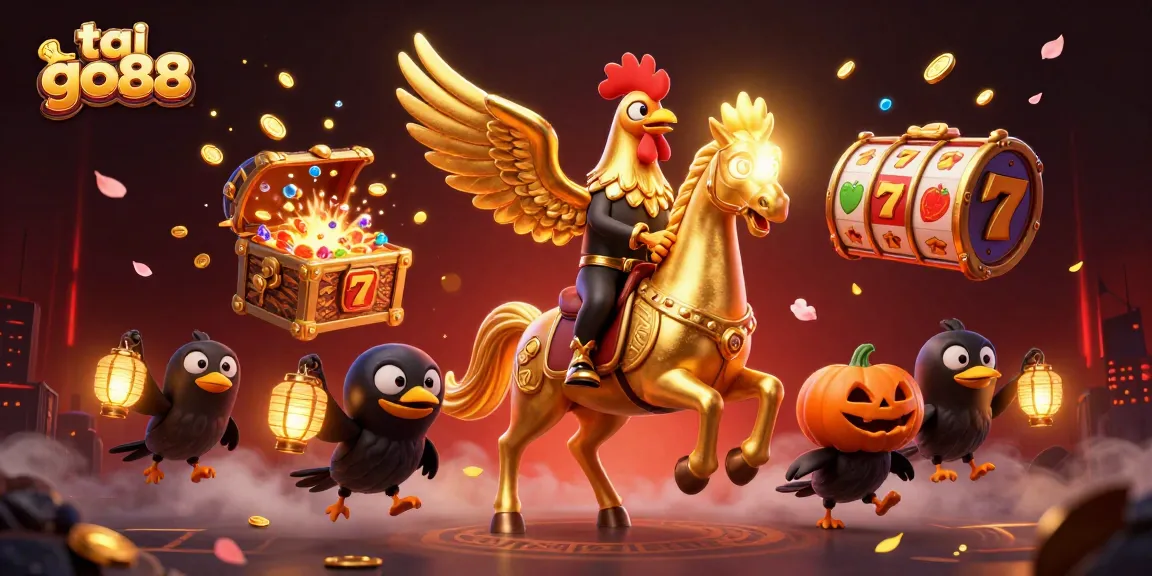Tai go88 offers thrilling gameplay in a vibrant midnight casino scene showcasing a golden rooster and treasure elements.