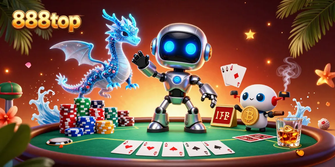Engage in thrilling gameplay at 888top with an exciting scene of a cyberpunk robot and holographic dragon surrounded by poker elements.