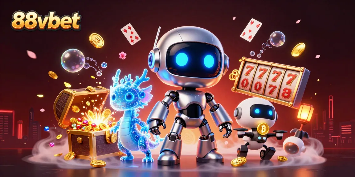 Experience thrilling 88vbet gaming with vibrant 3D robots amidst exploding treasures and casino elements.