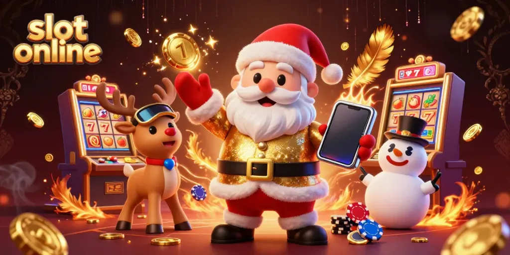 Experience the excitement of slot online with Santa Claus and friends celebrating wins at a vibrant casino.