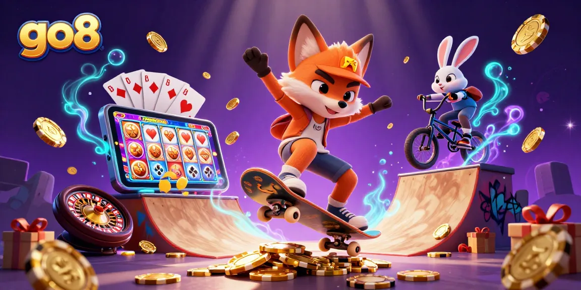 Experience excitement at go8 with thrilling gaming scenes featuring dynamic characters and casino symbols.