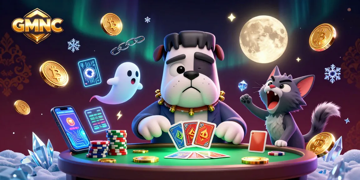 GMNC showcases a dramatic poker scene with a unique 3D bulldog dealer amidst cryptocurrency symbols.