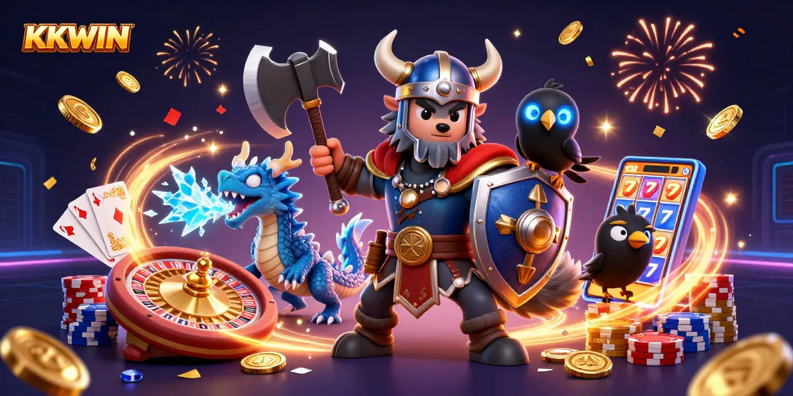KKWIN Viking warrior unleashing ice dragon magic in a vibrant casino scene filled with golden coins.